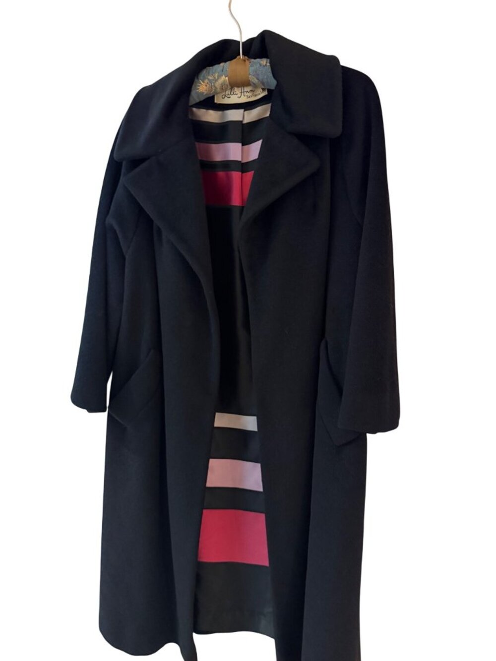 Lilli Ann Womens Mid-century Swing 3/4 Sleeves Overcoat Size L Black Vintage
